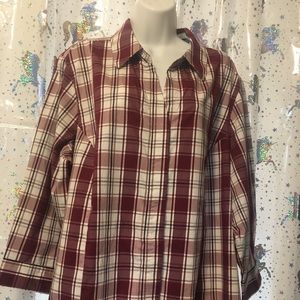 Red white plaid 3/4 sleeves front pocket gauze